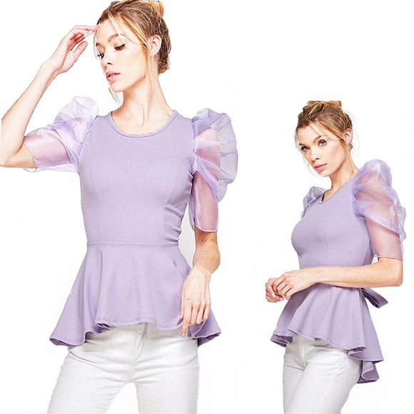 Retro Sheer Puff Romantic Lavender Blouse Top - Picture 1 of 7